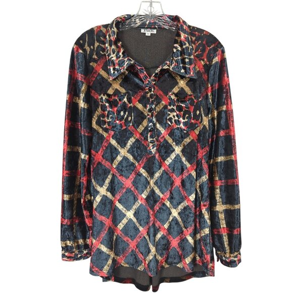 Paris Hues Womens Velvet Blouse M Long Sleeve Button-Up Shirt Leopard Checkered - Picture 1 of 12